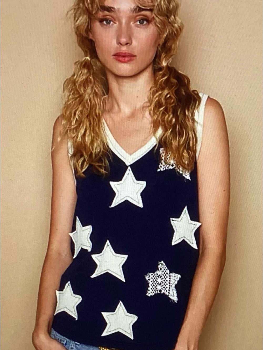 POL Navy Star Appliqué Sleeveless Knit Top